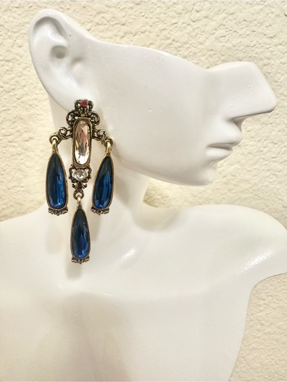 Fashion Jewelry Gold-Tone Blue Teardrop Chandelier Earrings with Clear Accents